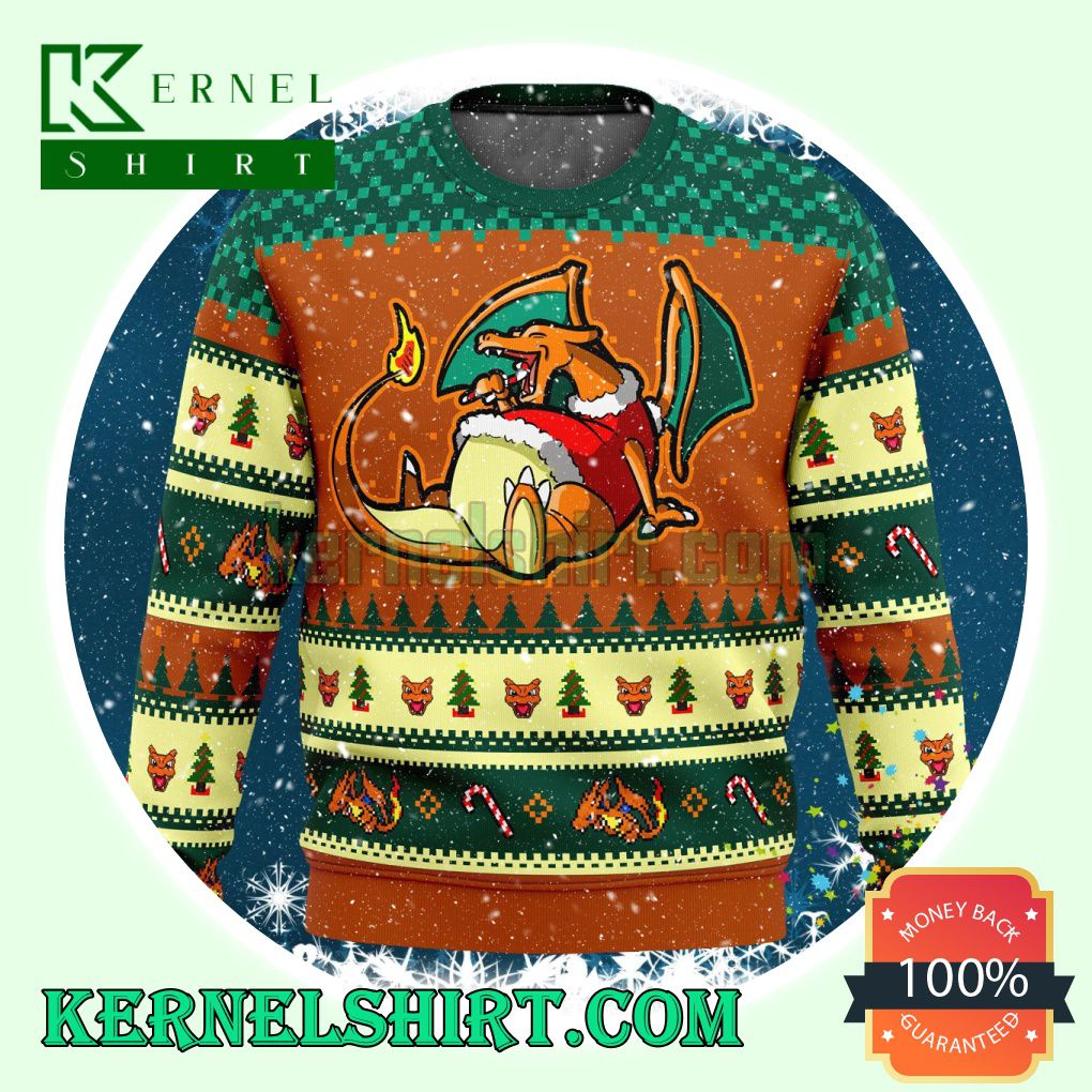 Charizard Eating Candy Cane Pokemon Manga Anime Knitting Christmas Sweatshirts