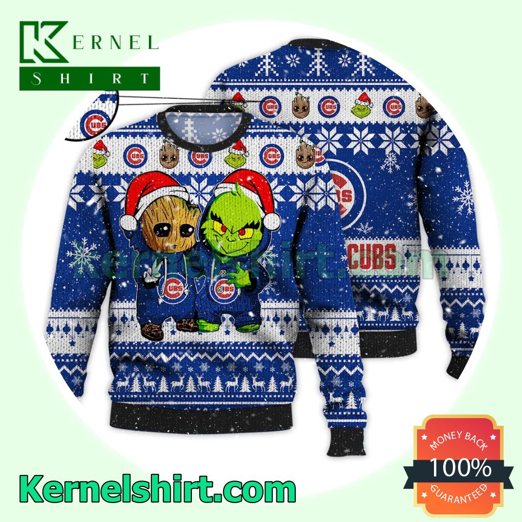 Chicago Cubs Baby Groot And Grinch Xmas Knitted Sweater MLB Lover