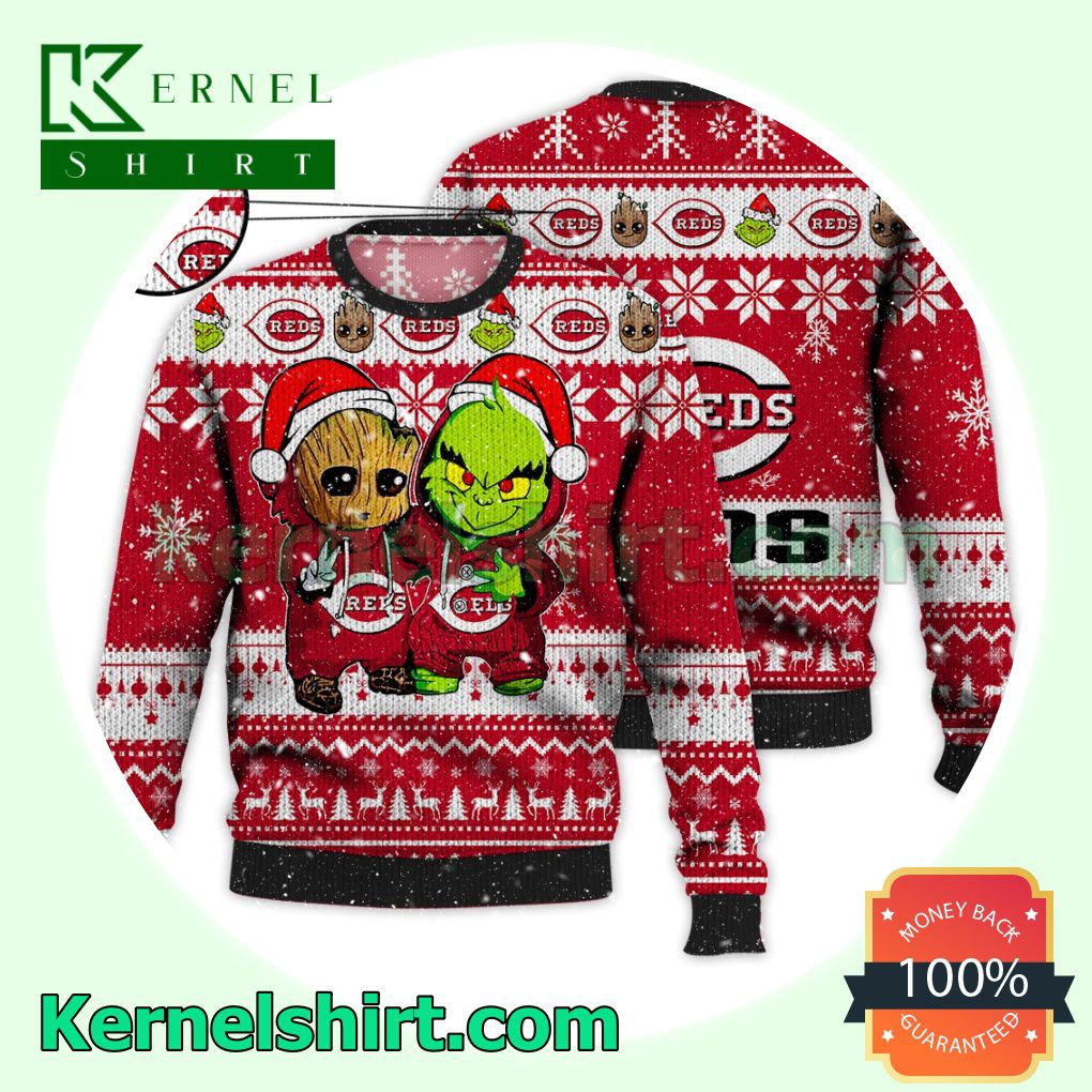 Cincinnati Reds Baby Groot And Grinch Xmas Knitted Sweater MLB Lover