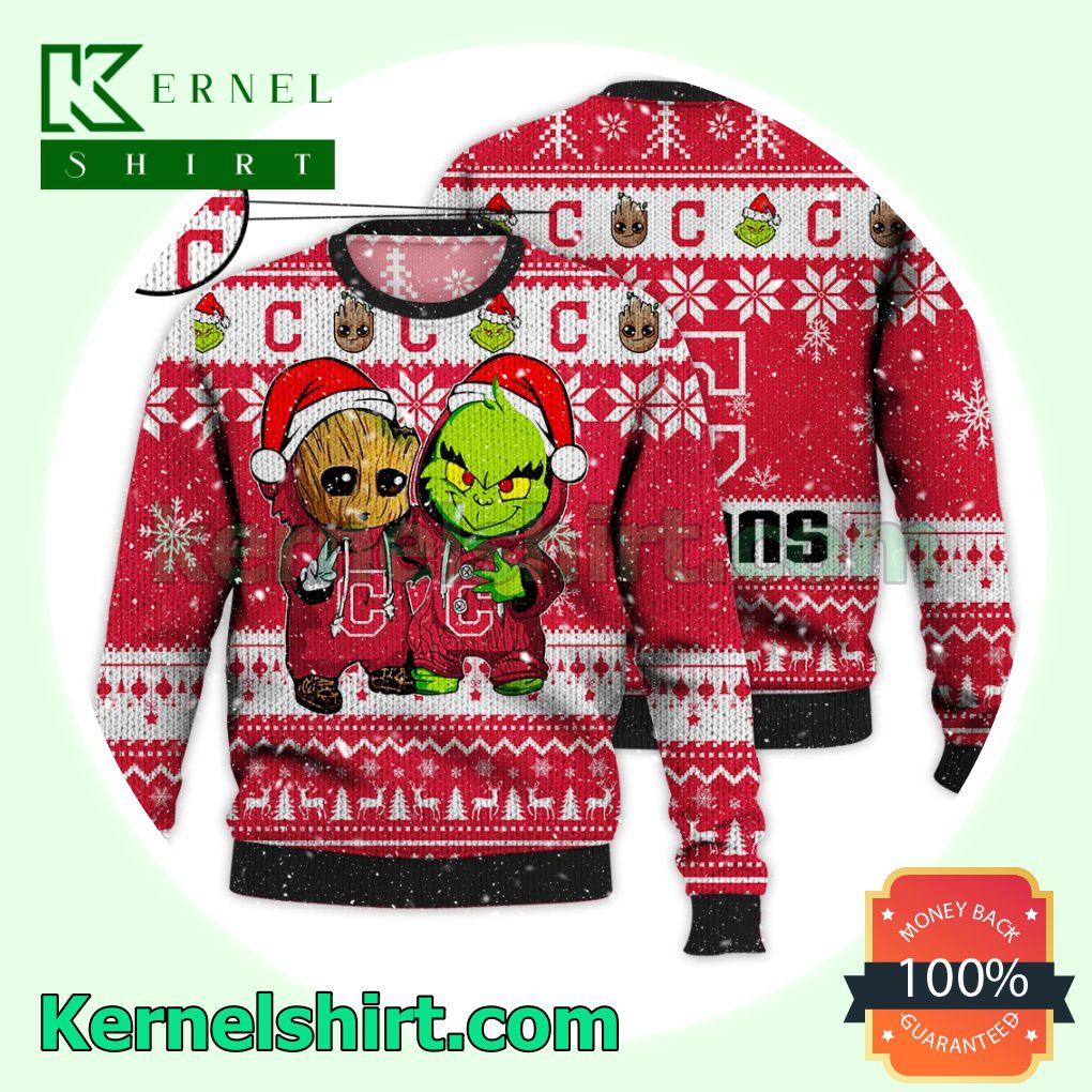Cleveland Guardians Baby Groot And Grinch Xmas Knitted Sweater MLB Lover