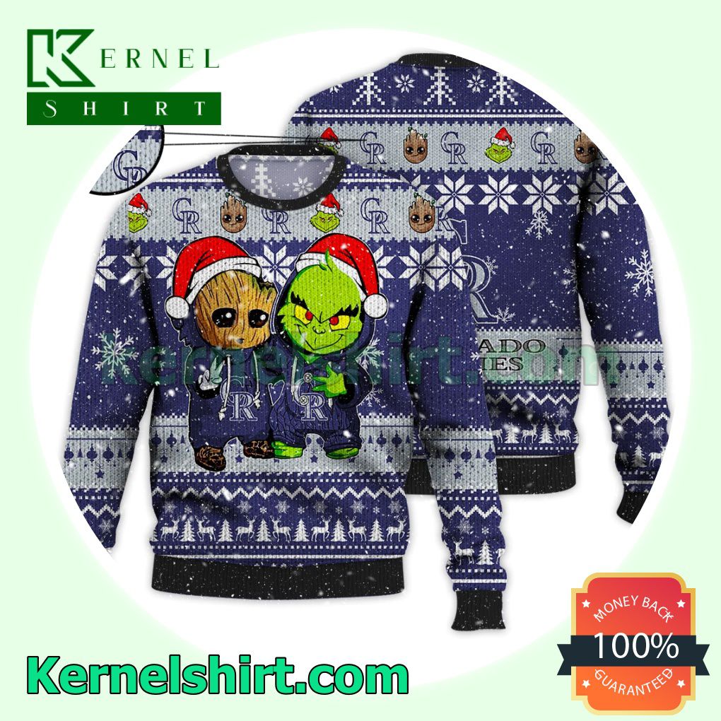 Colorado Rockies Baby Groot And Grinch Xmas Knitted Sweater MLB Lover