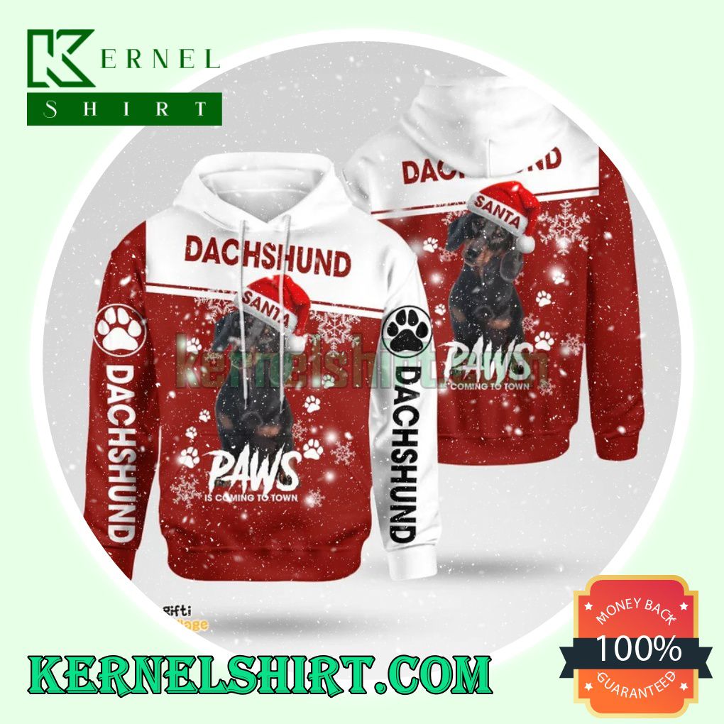 Dachshund Santa Paws Is Coming To Town Christmas Hooded Sweatshirts