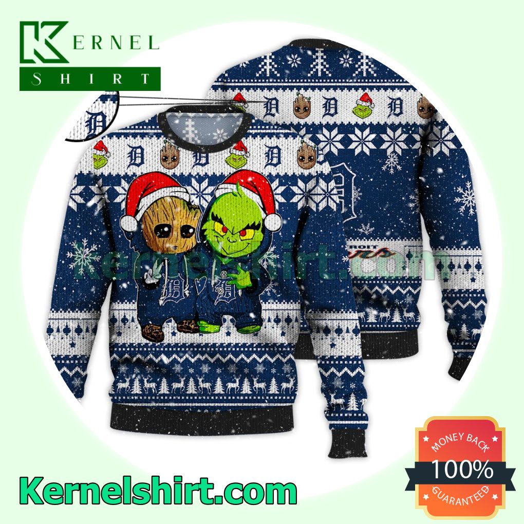 Detroit Tigers Baby Groot And Grinch Xmas Knitted Sweater MLB Lover