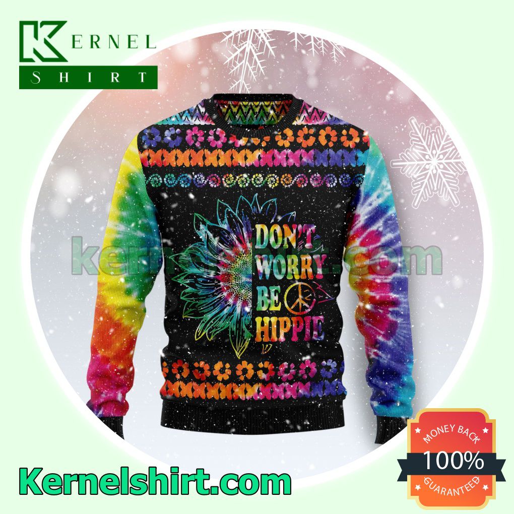 Don't Worry Be Hippies Tie Dye Color Knitted Christmas Jumper