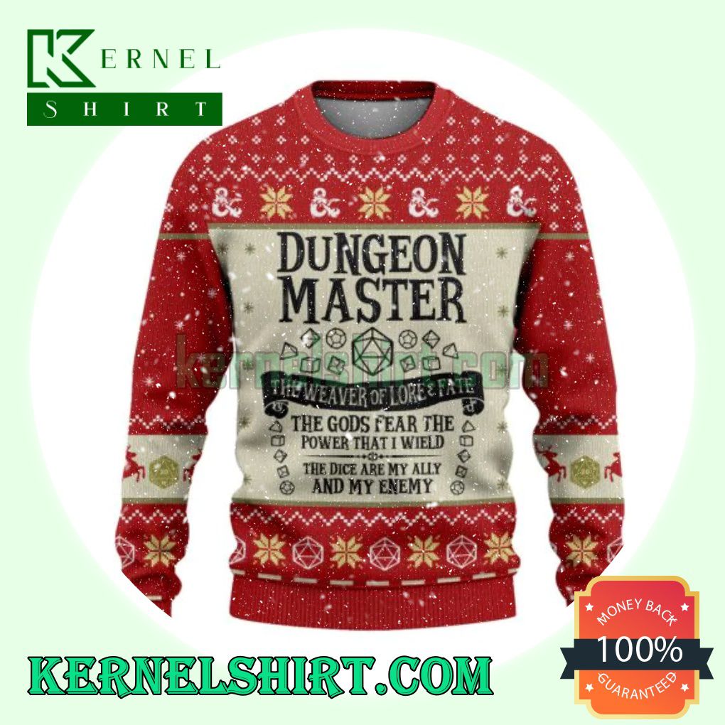 Dungeon Master The Weaver Of Lore And Fate Red D20 Dungeons Xmas Knit Sweaters
