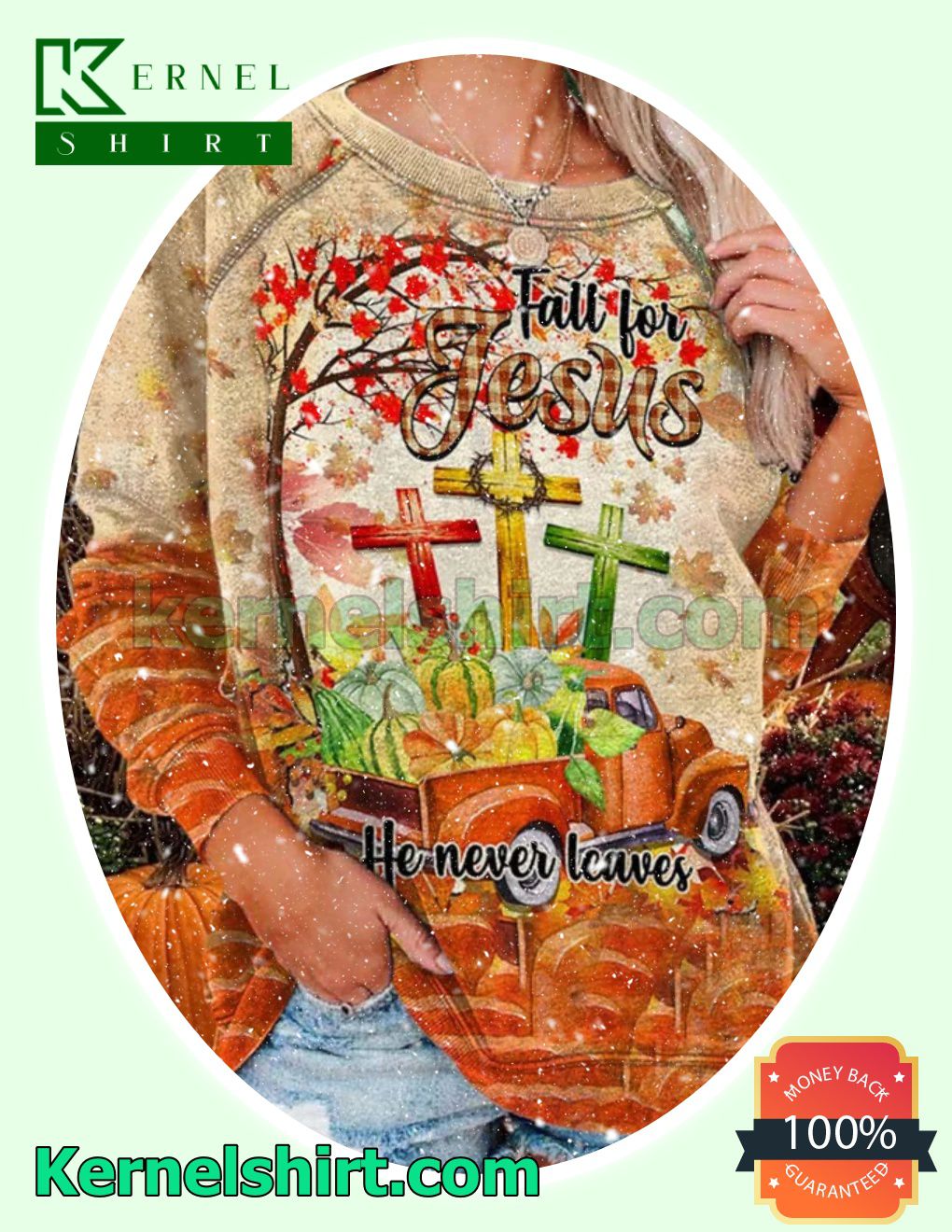 Fall For Jesus He Never Leaves Pumpkin Cart Xmas Sweaters