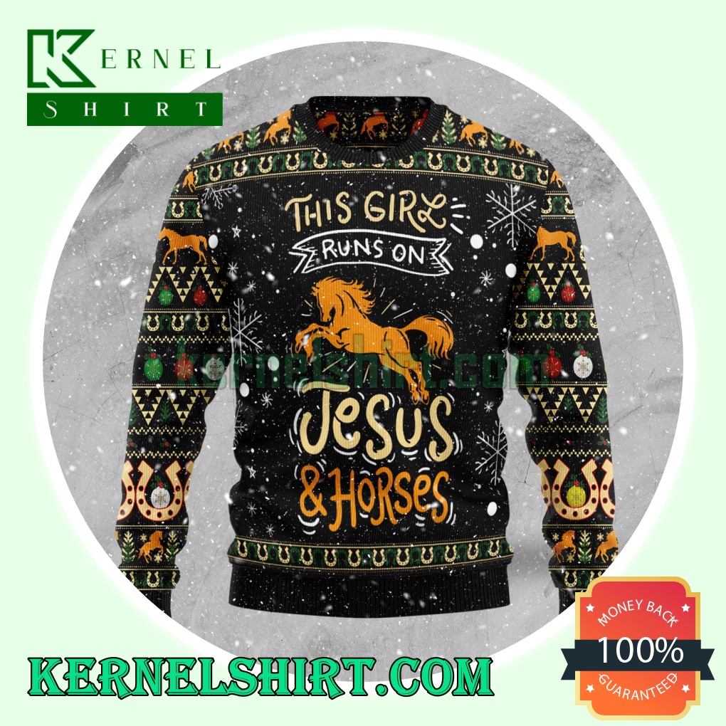 Girls Run On Jesus And Horses Knitting Christmas Sweatshirts