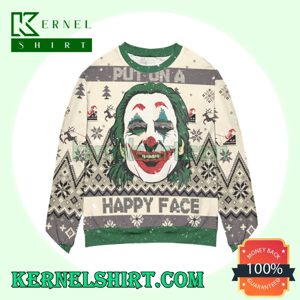 Joker Put On A Happy Face Reindeer & Pine Tree Pattern Knitting Christmas Sweatshirts