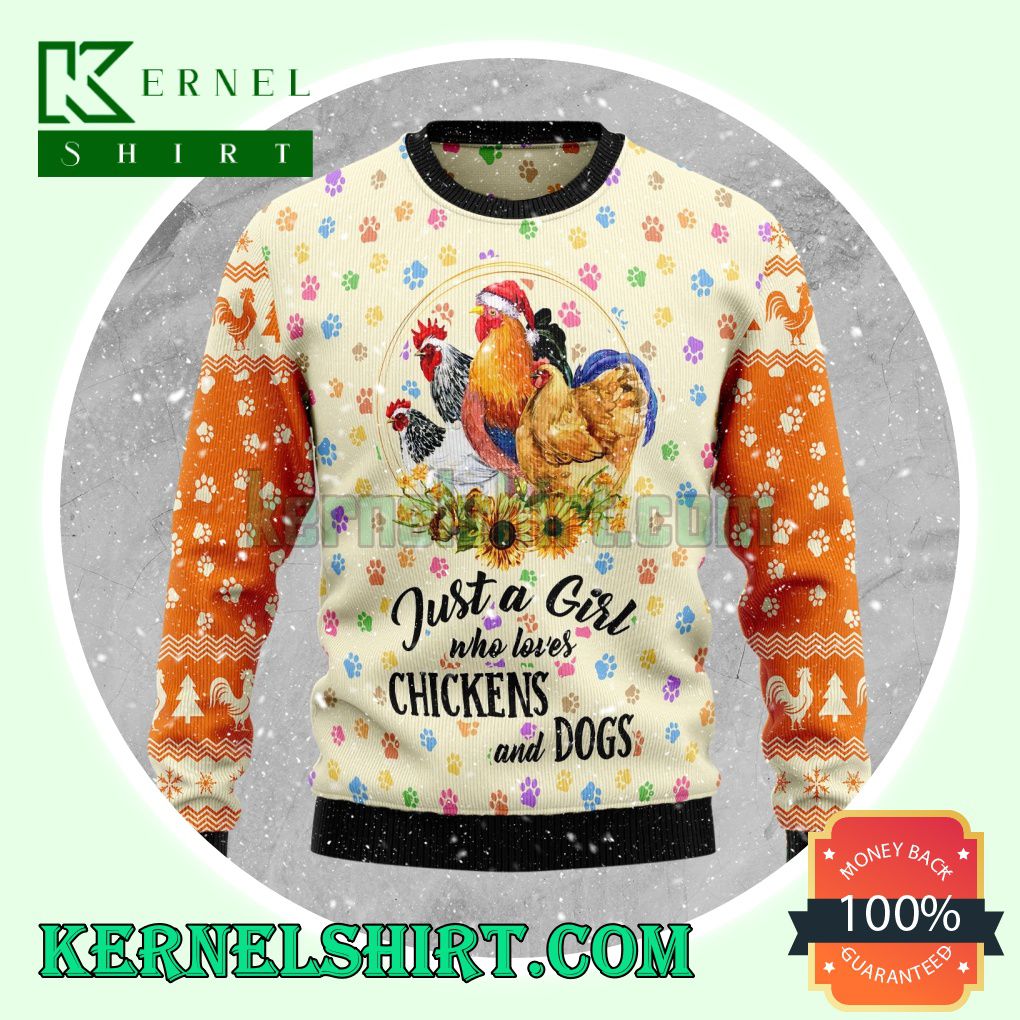 Just A Girl Who Loves Chickens And Dogs Knitting Christmas Sweatshirts