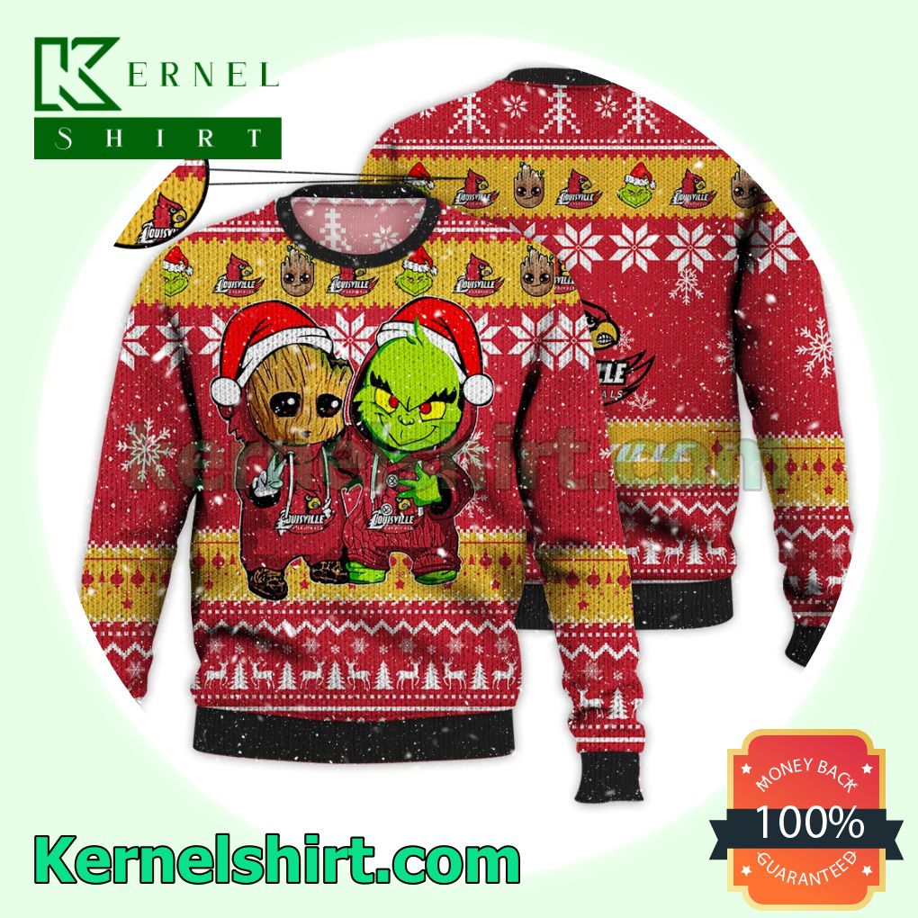 Louisville Cardinals Baby Groot And Grinch Xmas Knitted Sweater NCAA Lover