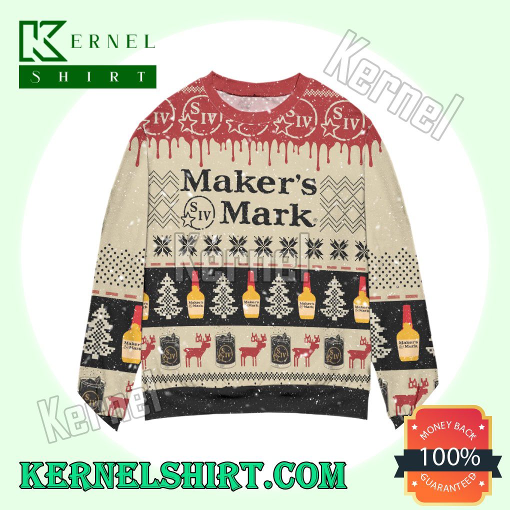 Maker's Mark Bourbon Whisky Pine Tree & Reindeer Knitted Christmas Sweatshirts