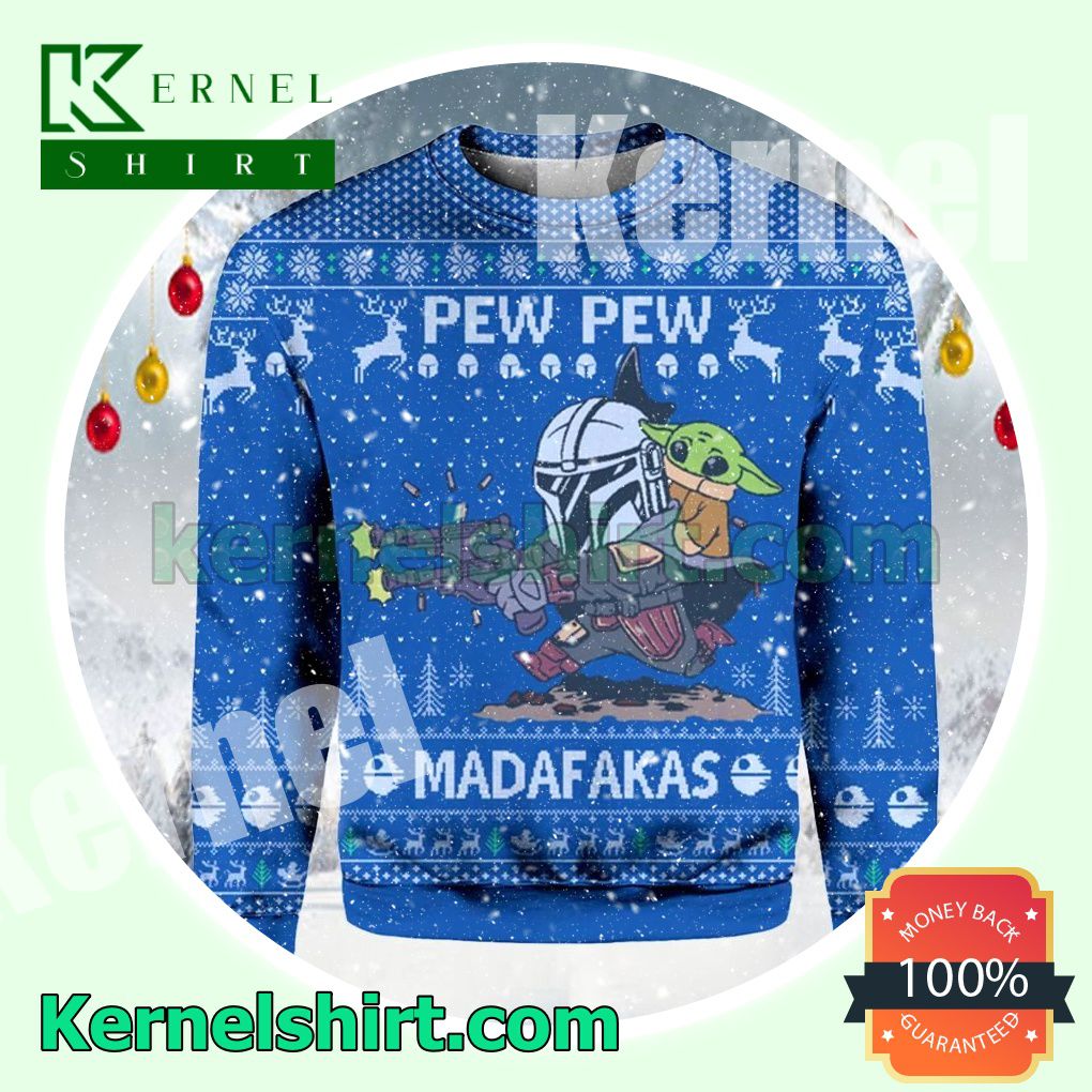 Mandalorian & Baby Yoda Star Wars Pew Pew Madafakas Snowflake Knitted Christmas Sweatshirts