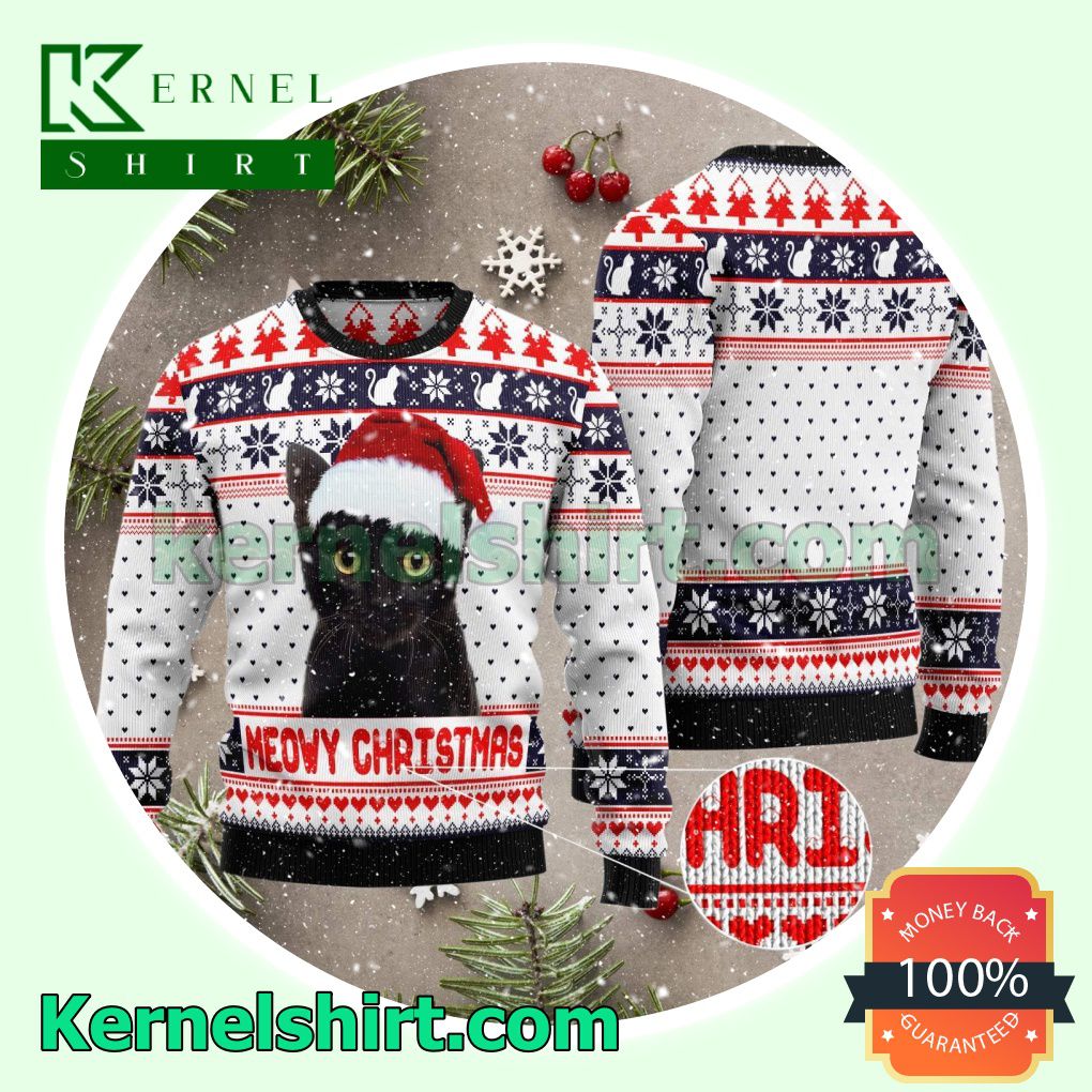 Meowy Christmas Black Cat White Xmas Knitted Sweaters