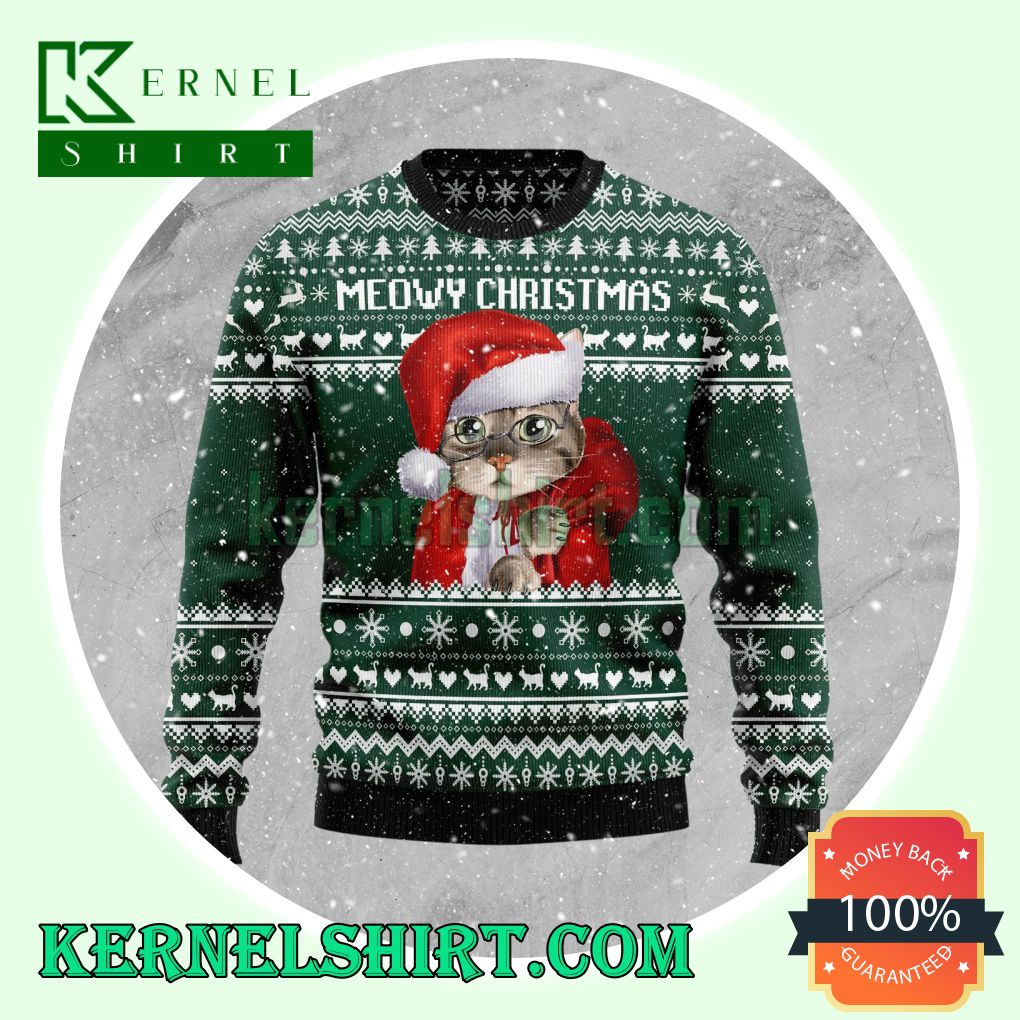 Meowy Christmas Cat Santa Knitting Christmas Sweatshirts