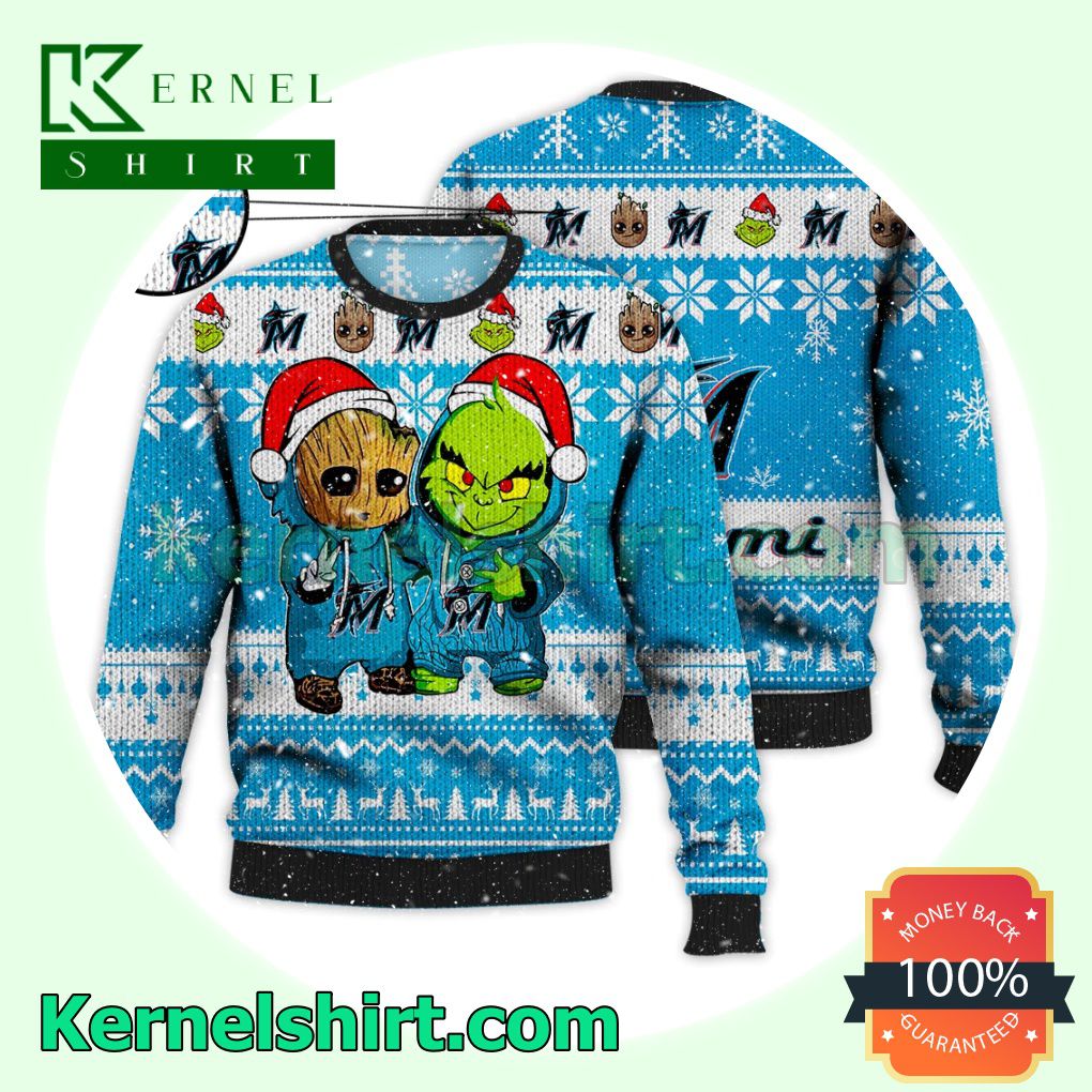 Miami Marlins Baby Groot And Grinch Xmas Knitted Sweater MLB Lover