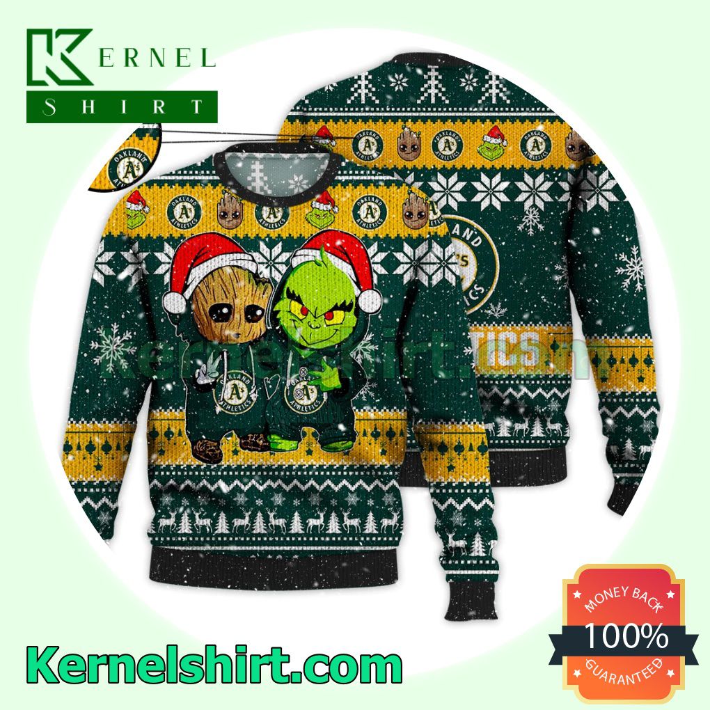 Oakland Athletics Baby Groot And Grinch Xmas Knitted Sweater MLB Lover