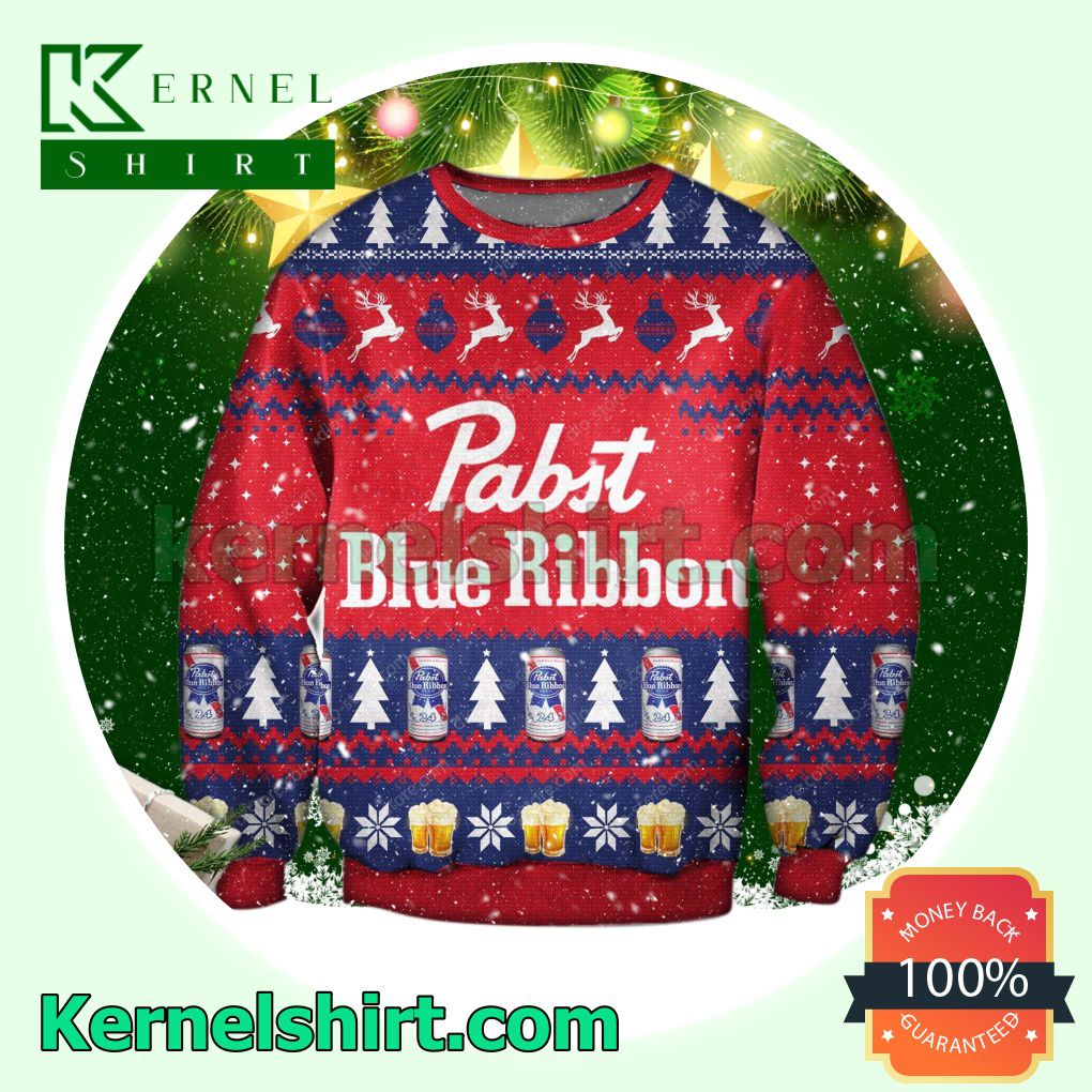 Pabst Blue Ribbon Beer Christmas Pine Tree Xmas Knitted Sweaters