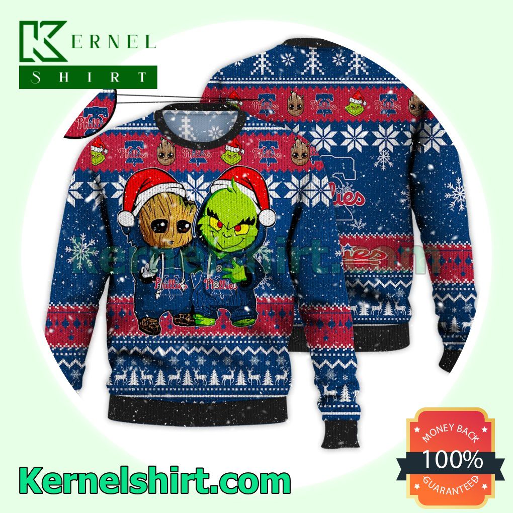 Philadelphia Phillies Baby Groot And Grinch Xmas Knitted Sweater MLB Lover
