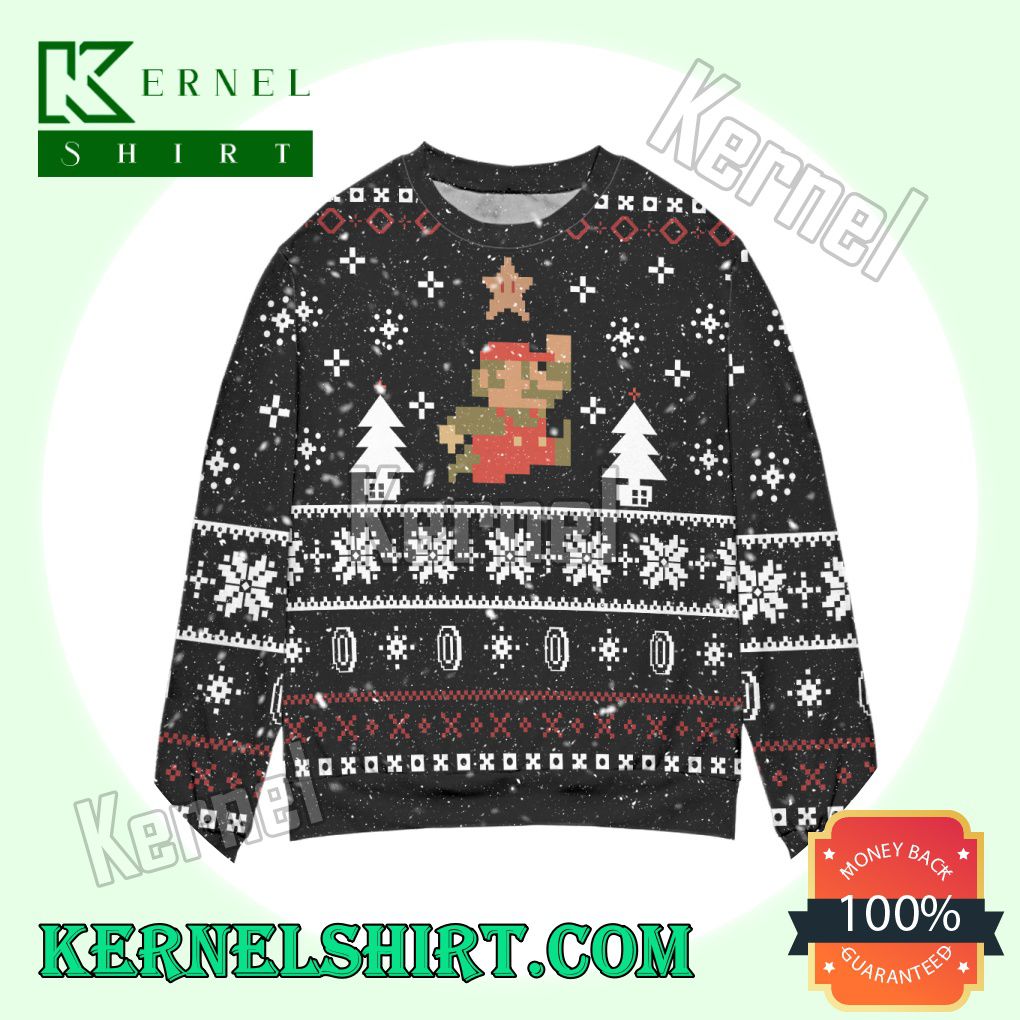 Pixel Mario Pine Tree And Snowflake Knitted Christmas Sweatshirts
