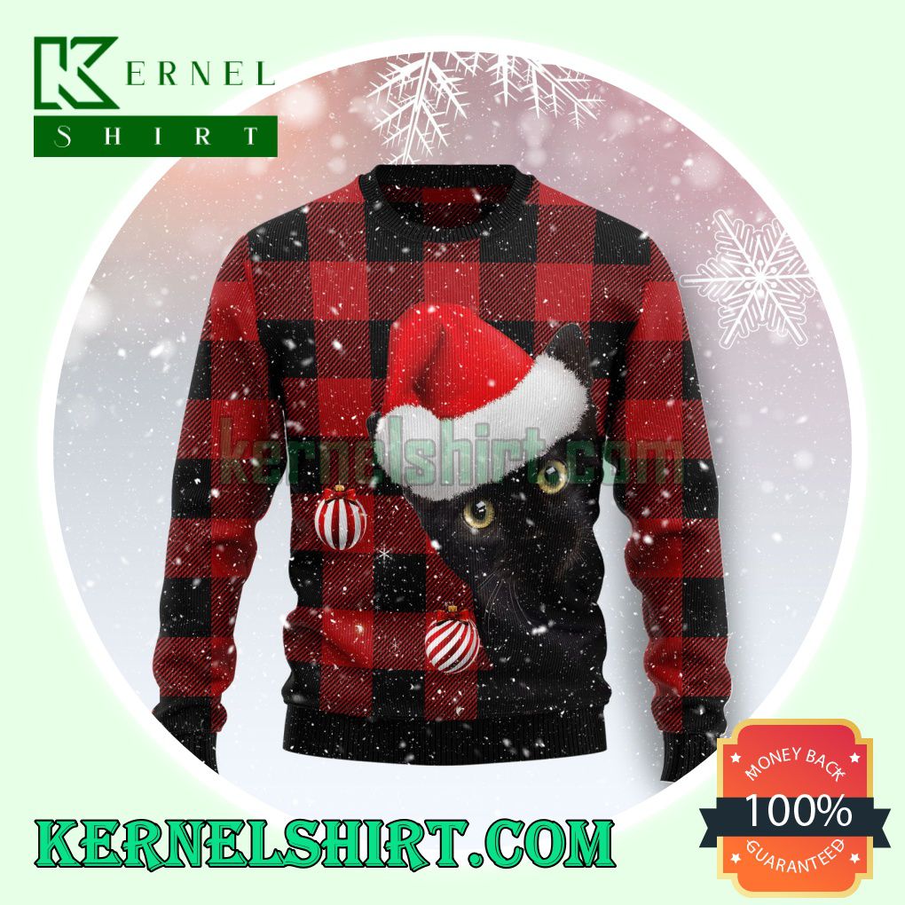 Plaid Pattern Black Cat Christmas Sweatshirts