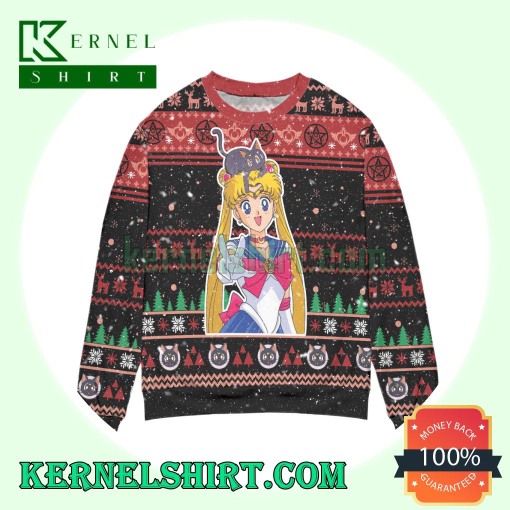 Sailor Moon Snowflake And Pine Tree Knitting Christmas Sweatshirts