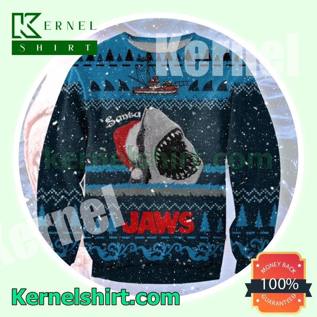 Santa Shark Jaws Horror Movie Pine Tree Knitted Christmas Sweatshirts