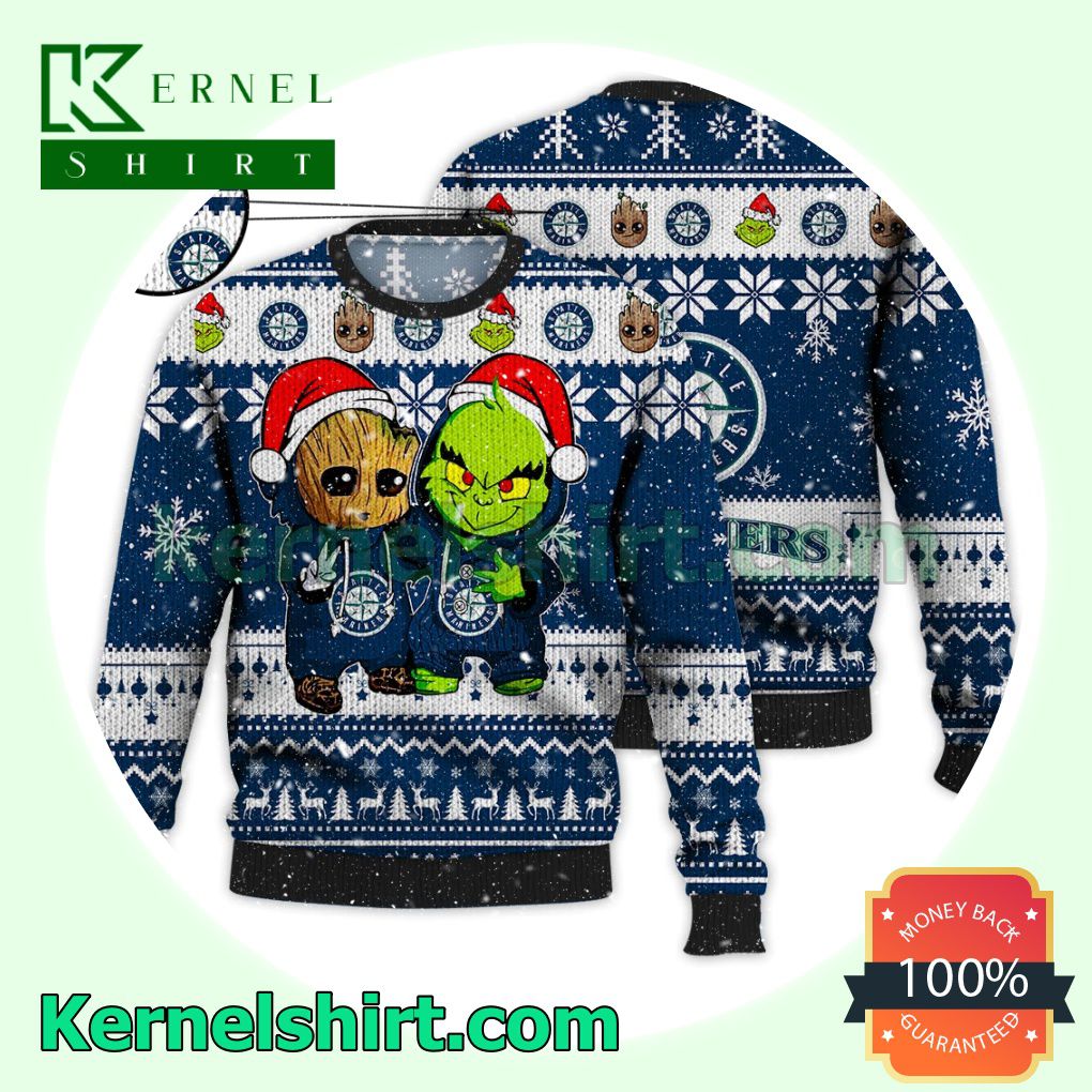 Seattle Mariners Baby Groot And Grinch Xmas Knitted Sweater MLB Lover