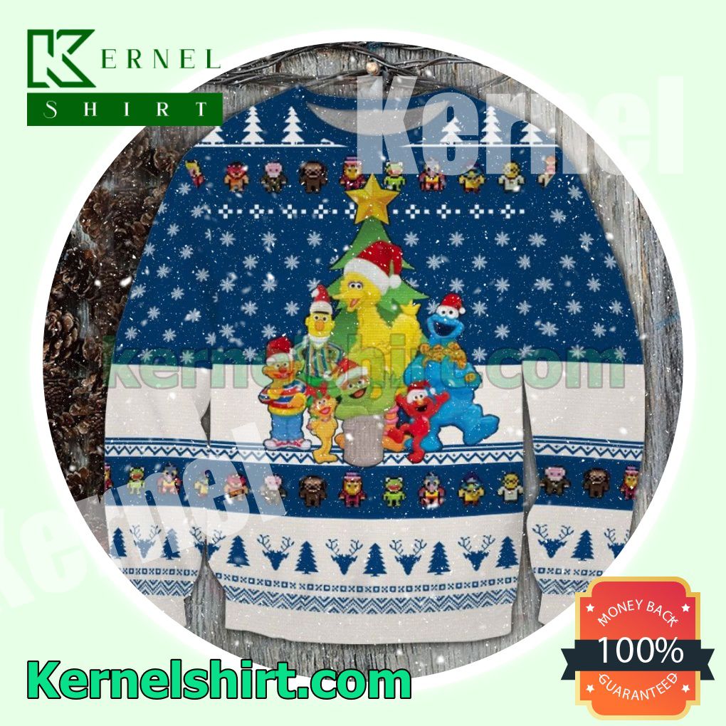 Sesame Street Characters Pine Tree Snowflake Knitted Christmas Sweatshirts