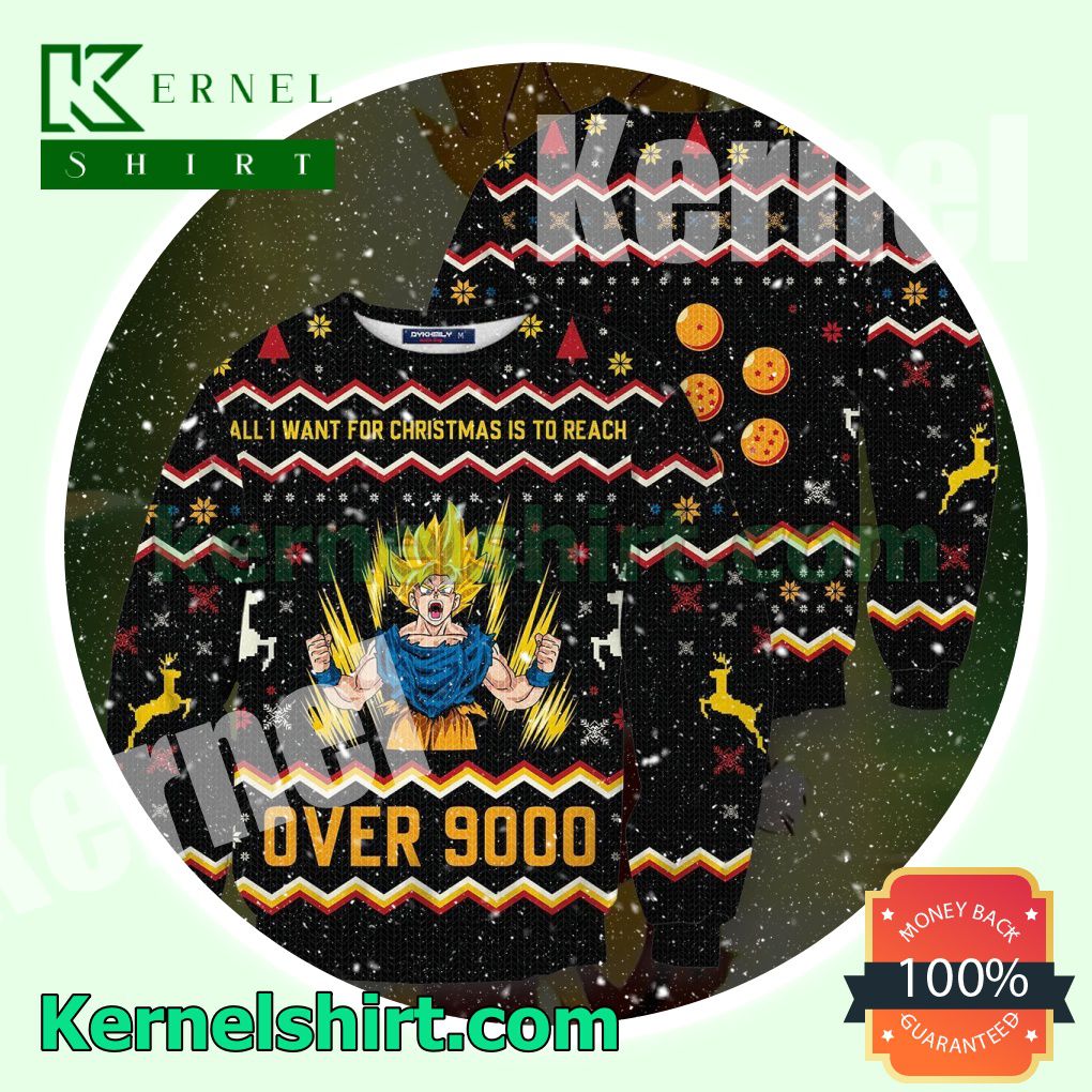 Son Goku Dragon Ball All I Want For Christmas Is To Reach Over 9000 Knitted Christmas Sweatshirts