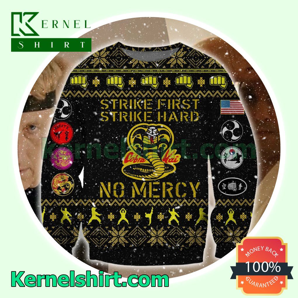 Strike First Strike Hard No Mercy Snake Cobra Kai Knitted Christmas Sweatshirts
