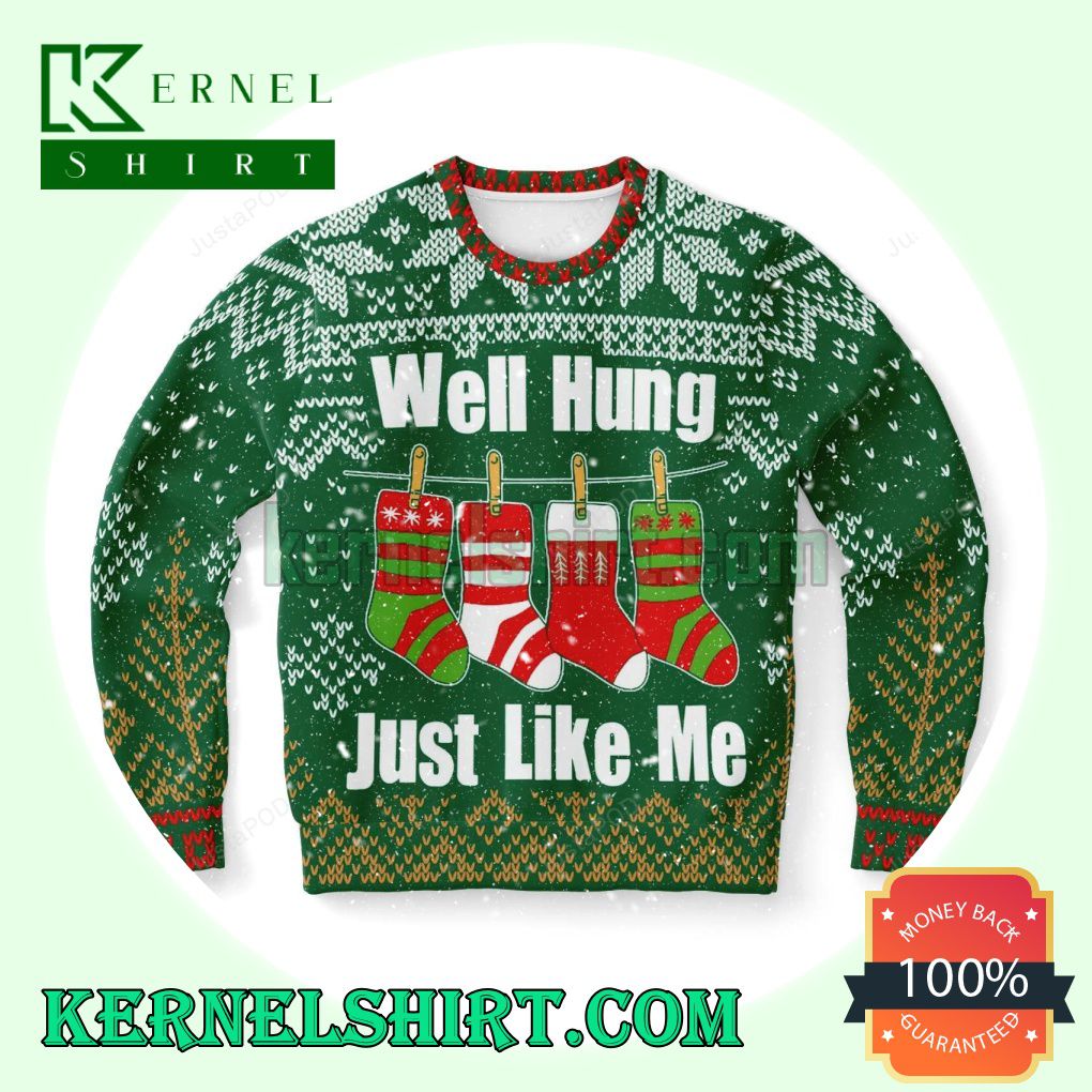 Well Hung Just Like Me Knitting Christmas Sweatshirts