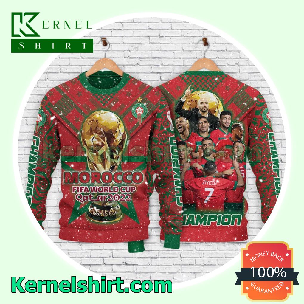 Champion Fifa World Cup Qatar 2022 Morocco National Football Team Xmas Knit Sweaters