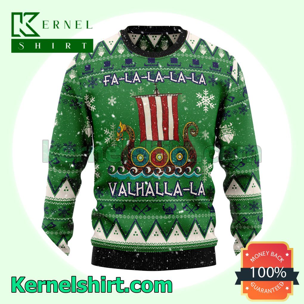 Viking Ship Fa-la-la-la-la Valhalla-la Green Xmas Knit Jumper Sweaters