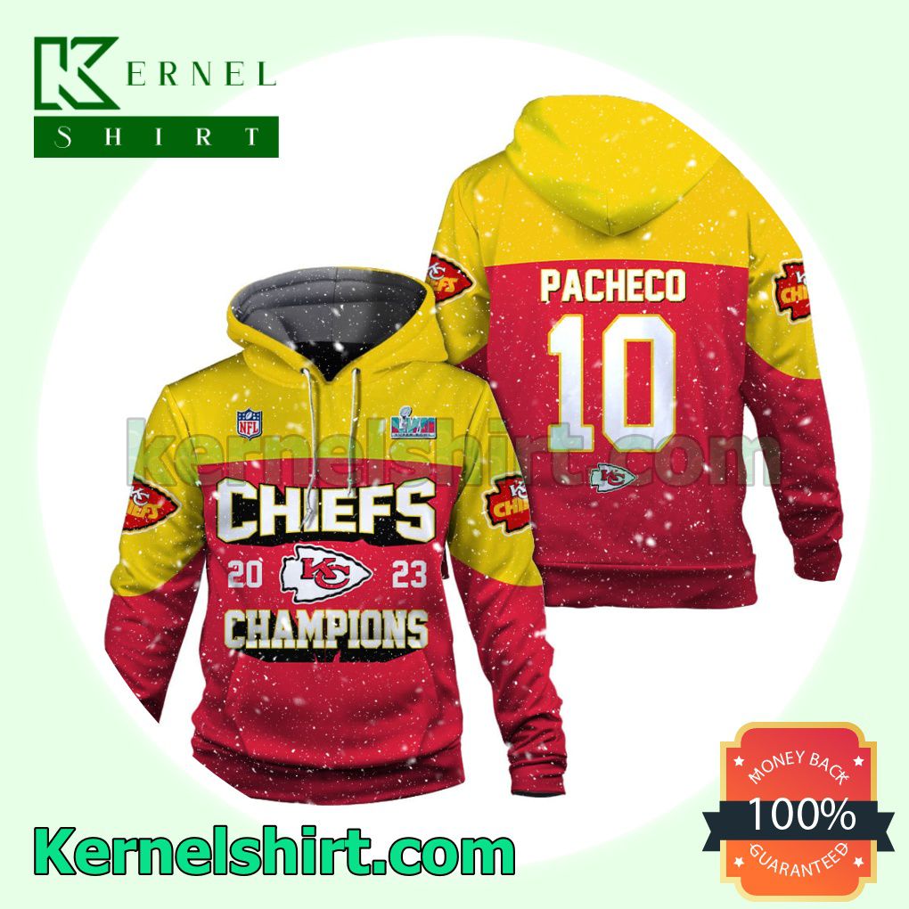 Isiah Pacheco 10 Chiefs 2023 Champions Kansas City Chiefs Jersey Hooded Sweatshirts