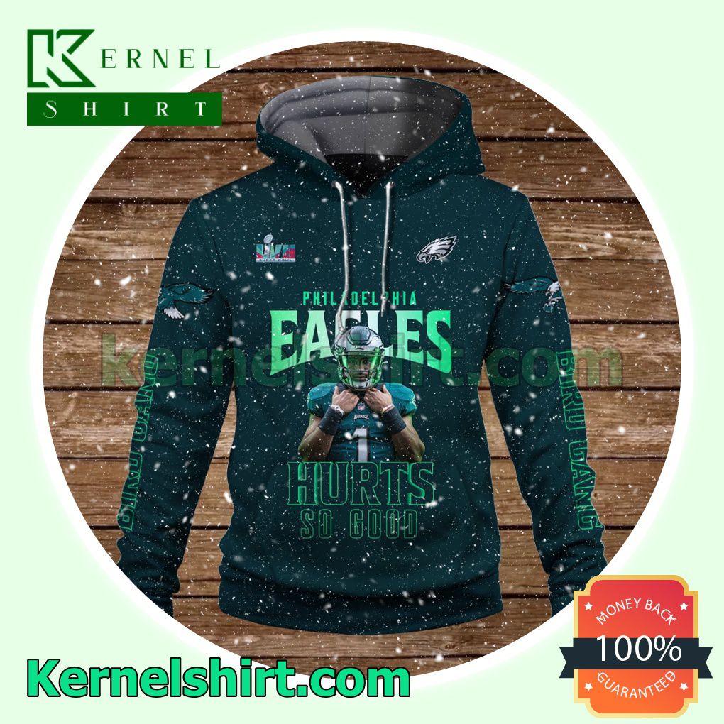 Jalen Hurts 1 Hurts So Good Champs 2023 Philadelphia Eagles Jersey Hooded Sweatshirts a