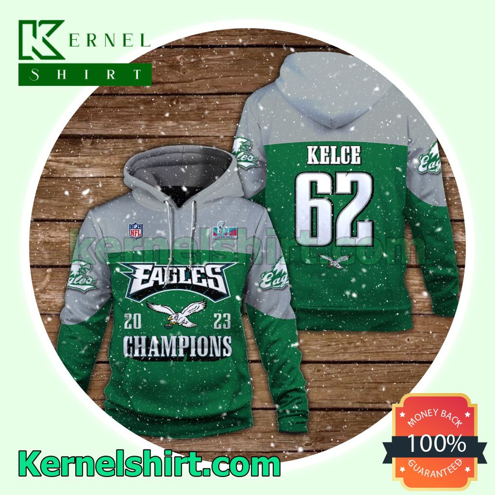 Jason Kelce 62 Eagles 2023 Champions Philadelphia Eagles Jersey Hooded Sweatshirts