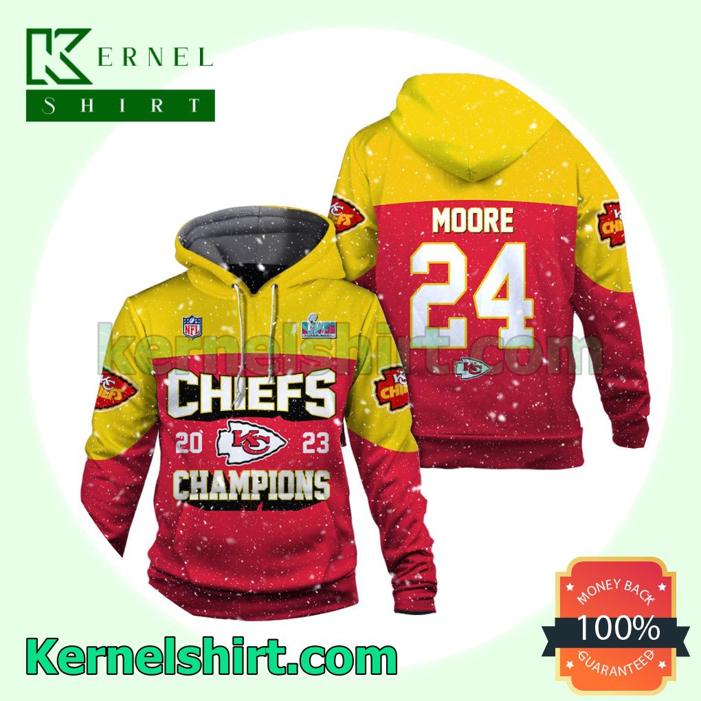 Skyy Moore 24 Chiefs 2023 Champions Kansas City Chiefs Jersey Hooded Sweatshirts