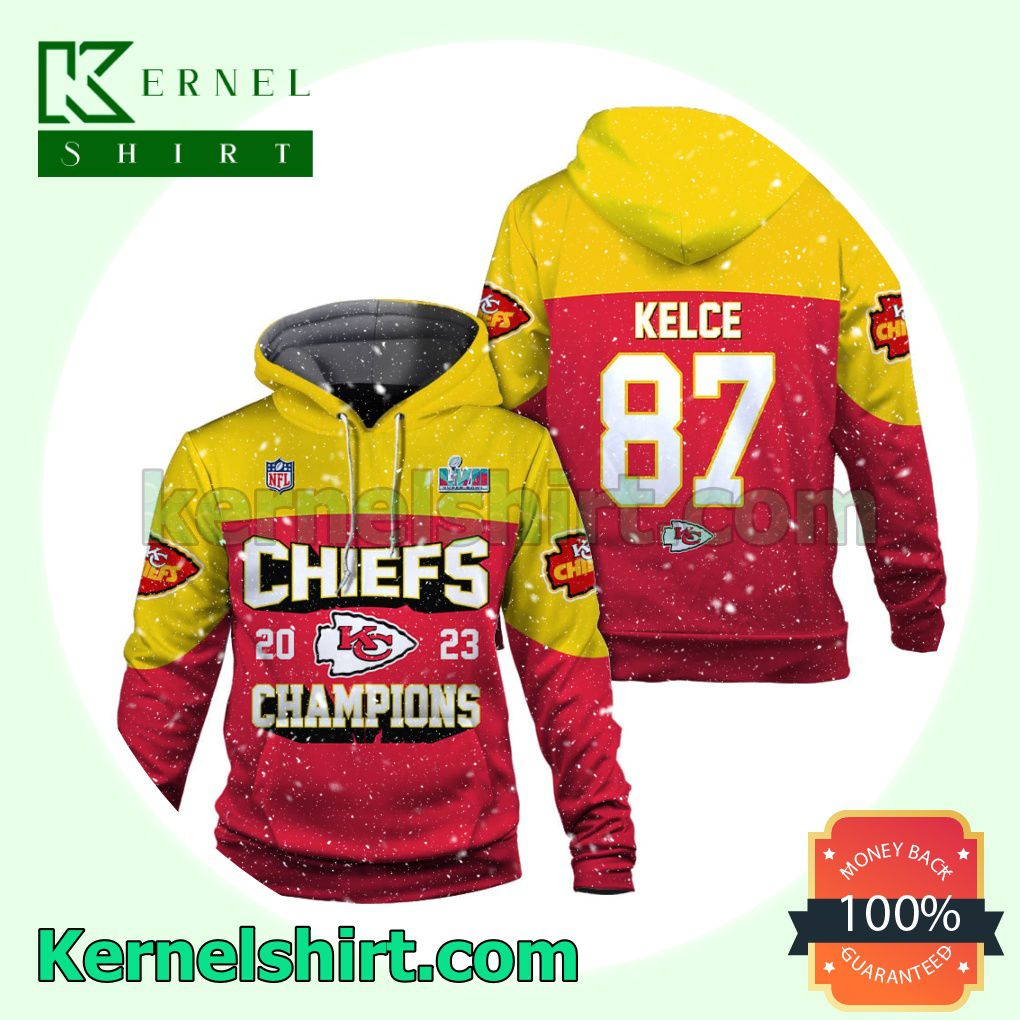 Travis Kelce 87 Chiefs 2023 Champions Kansas City Chiefs Jersey Hooded Sweatshirts