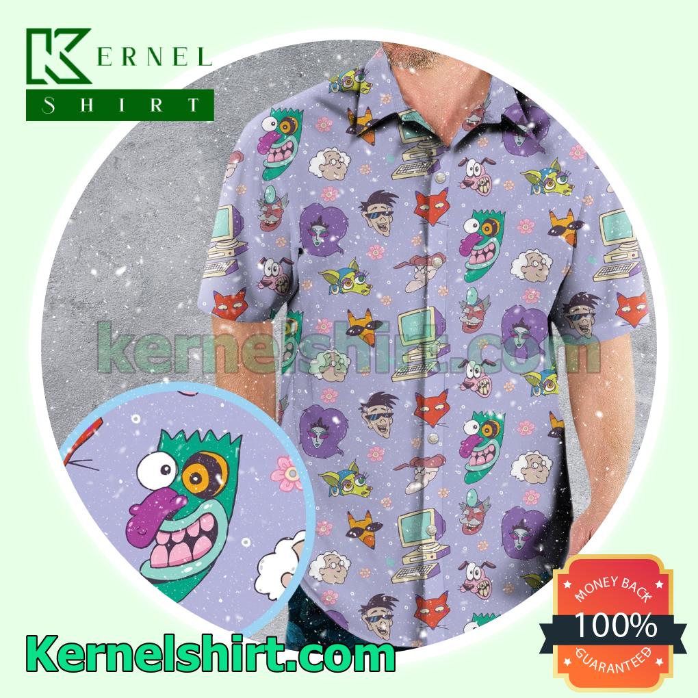 Courage The Cowardly Dog Characters Pattern Purple Aloha Button Down Shirt a