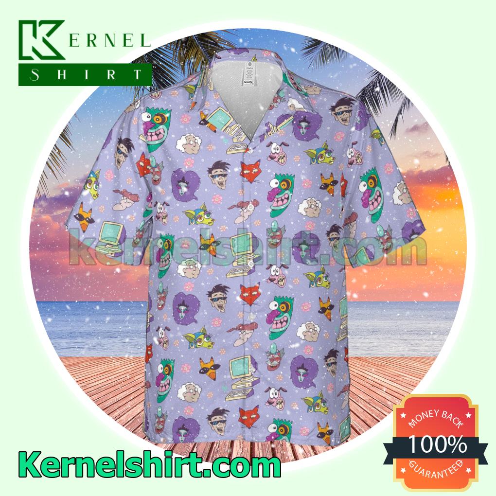 Courage The Cowardly Dog Characters Pattern Purple Aloha Button Down Shirt b