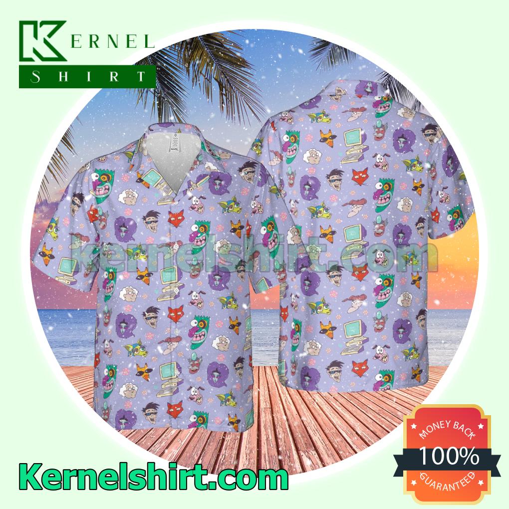 Courage The Cowardly Dog Characters Pattern Purple Aloha Button Down Shirt