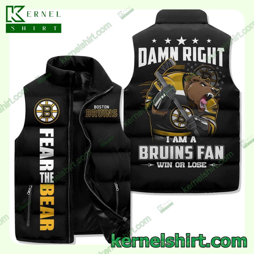 Damn Right I Am A Boston Bruins Fan Win Or Lose Quilted Puffer Vest